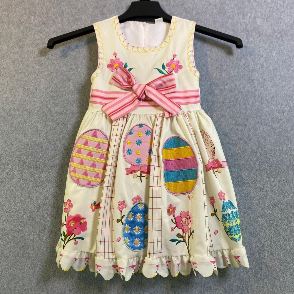 Mini Taylor Easter Egg Dress Girls 4-5Y Cream Pink Embroidered Bow Spring EUC
